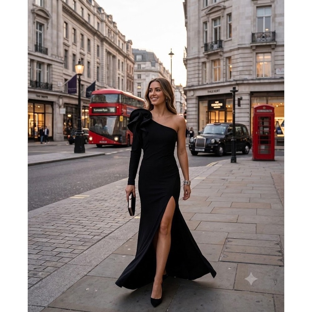 Love Susie Black One Shoulder Long Sleeve Gown Maxi Dress LS2934 Mens L